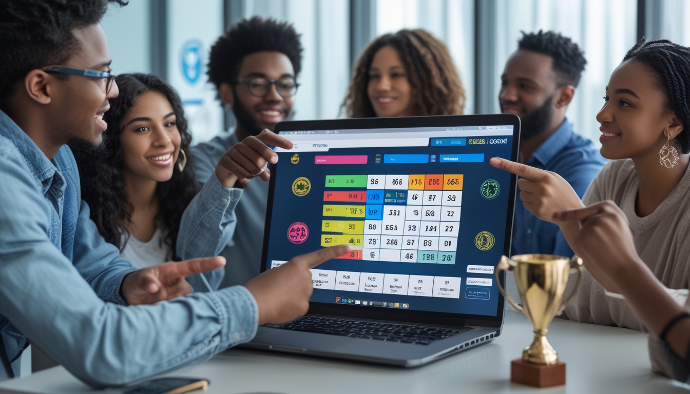 Sekelompok orang muda berkumpul di sekitar laptop yang menampilkan situs togel online, terlihat antusias dan berdiskusi di ruang terang dengan simbol keamanan dan kemenangan di latar belakang.