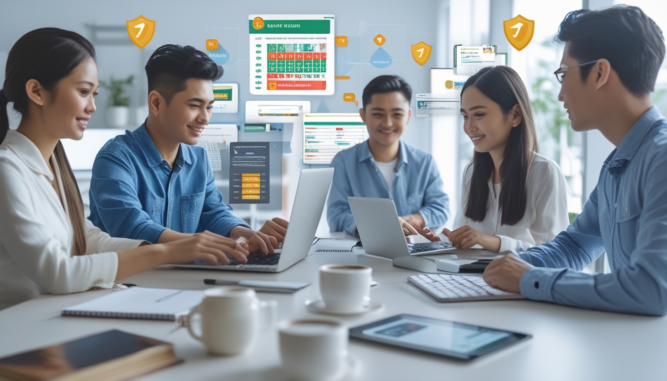 Beberapa orang menggunakan laptop dan ponsel di meja kerja dengan ikon keamanan digital di latar belakang.