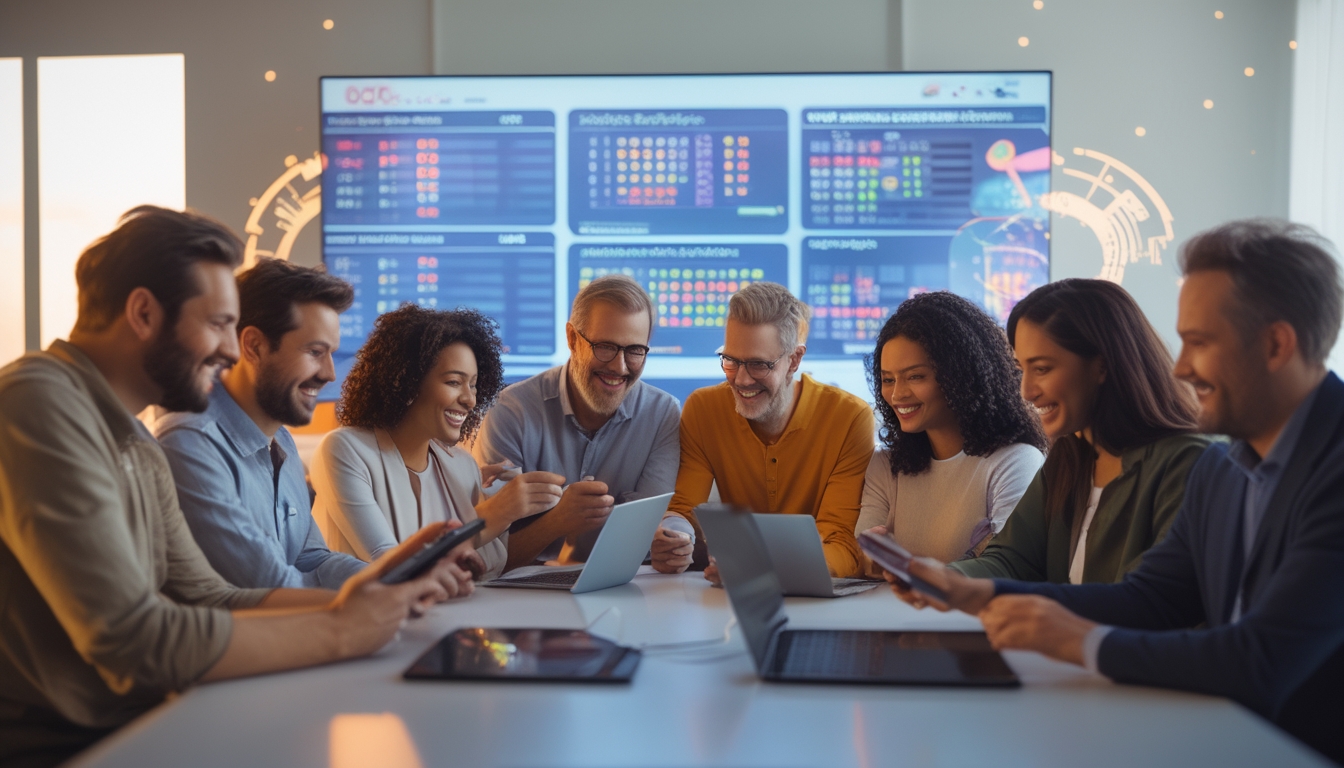 Sekelompok orang dewasa menggunakan perangkat digital di ruang modern untuk bermain togel online dengan suasana antusias dan percaya diri.