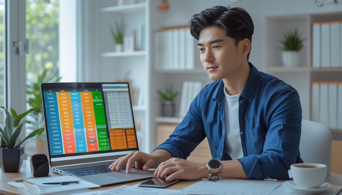 Seorang pria muda duduk di meja kerja dengan laptop dan catatan, fokus mempelajari strategi togel online.