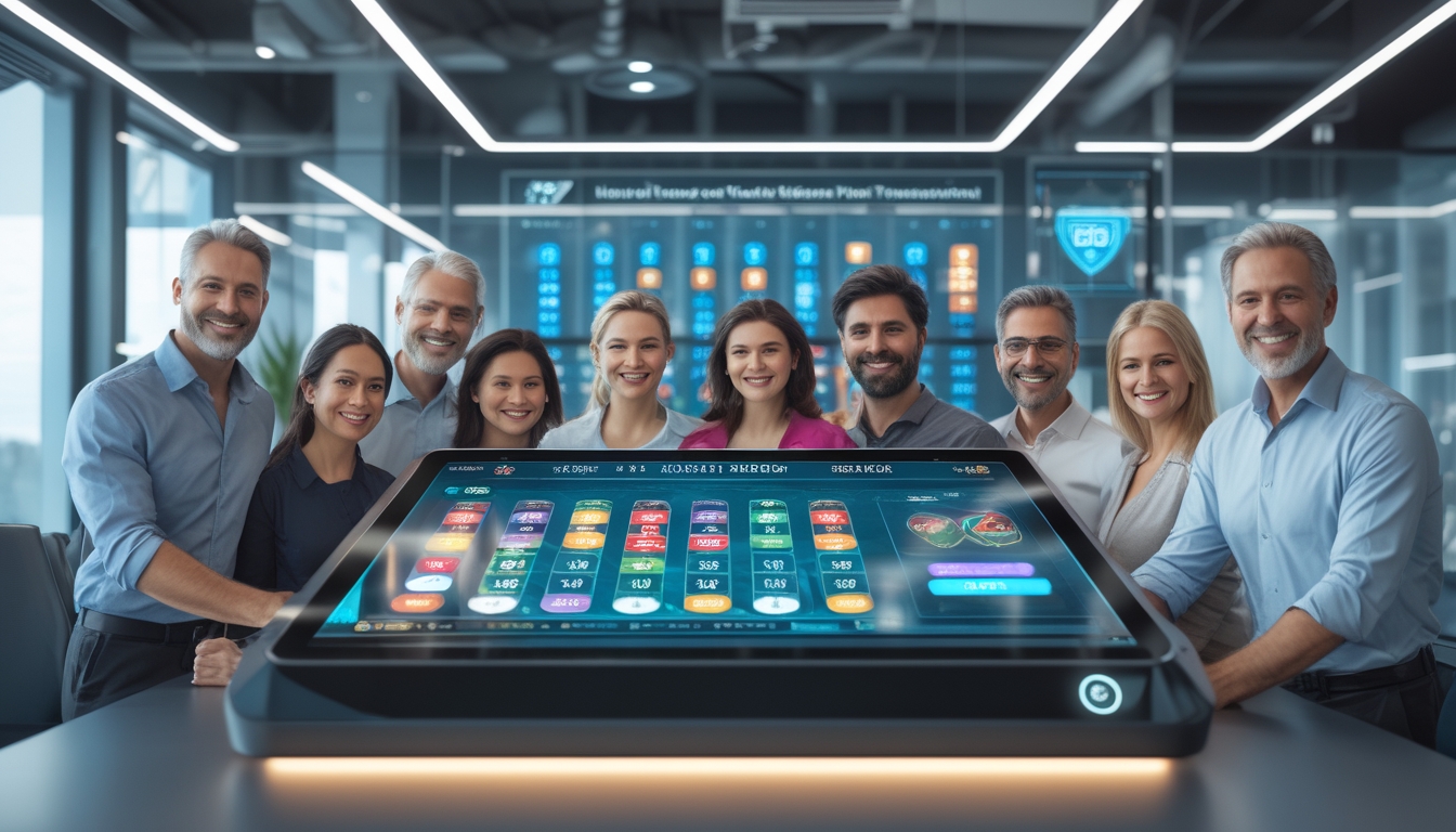 Sekelompok orang dewasa yang bahagia berkumpul di sekitar meja digital menampilkan angka lotere dan grafik dalam suasana kantor modern yang terang dan aman.