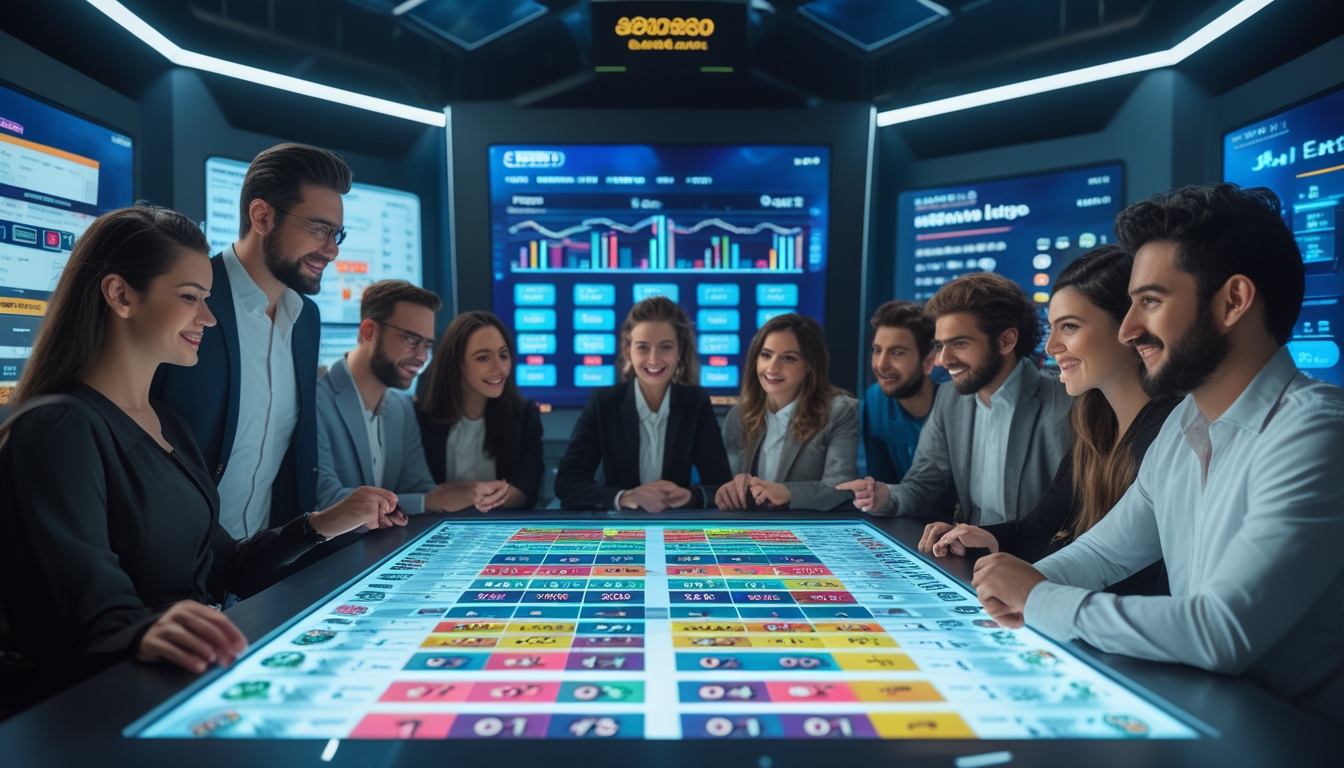 Beberapa orang sedang menggunakan meja sentuh besar dengan tampilan angka togel dan grafik di latar belakang yang menunjukkan suasana permainan togel online yang ramai dan menarik.