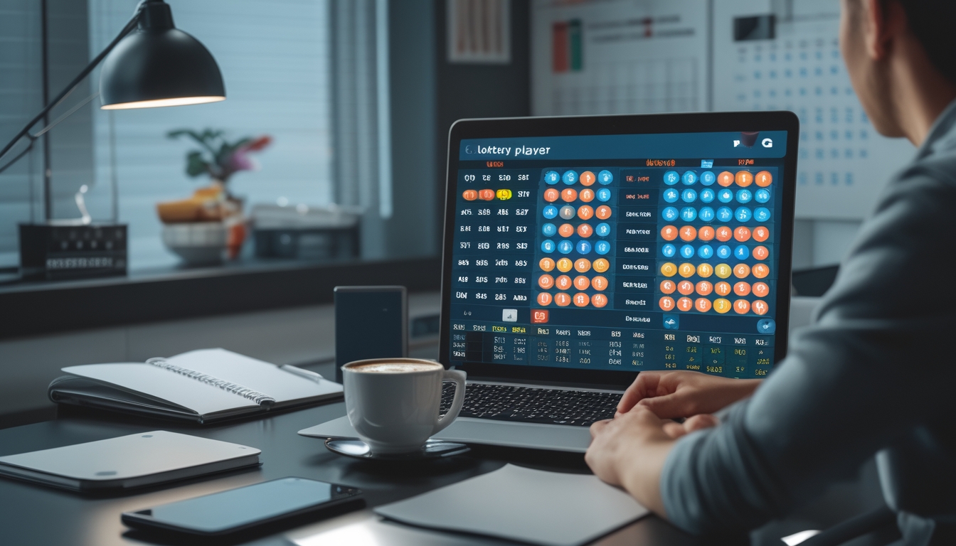 Seorang pemain berpengalaman sedang menggunakan laptop di meja kerja modern dengan layar menampilkan angka dan grafik lotere online.