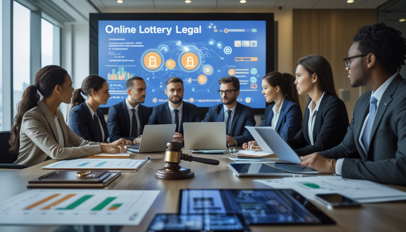 Sekelompok profesional sedang berdiskusi serius di ruang rapat modern dengan laptop dan dokumen terkait aspek hukum togel online.
