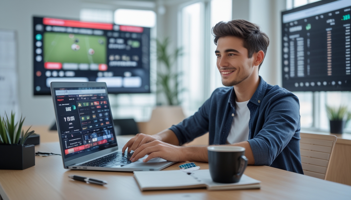 Seorang pria muda duduk di meja dengan laptop, memperhatikan layar yang menampilkan statistik dan peluang taruhan olahraga, di ruangan terang dengan layar digital olahraga di latar belakang.