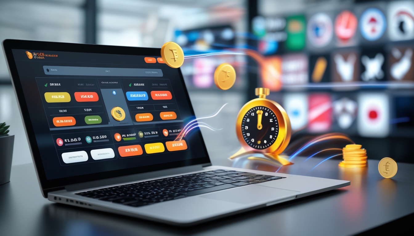Seorang pria menggunakan laptop di meja kerja dengan layar menampilkan simbol taruhan olahraga dan elemen yang menunjukkan kecepatan pembayaran.
