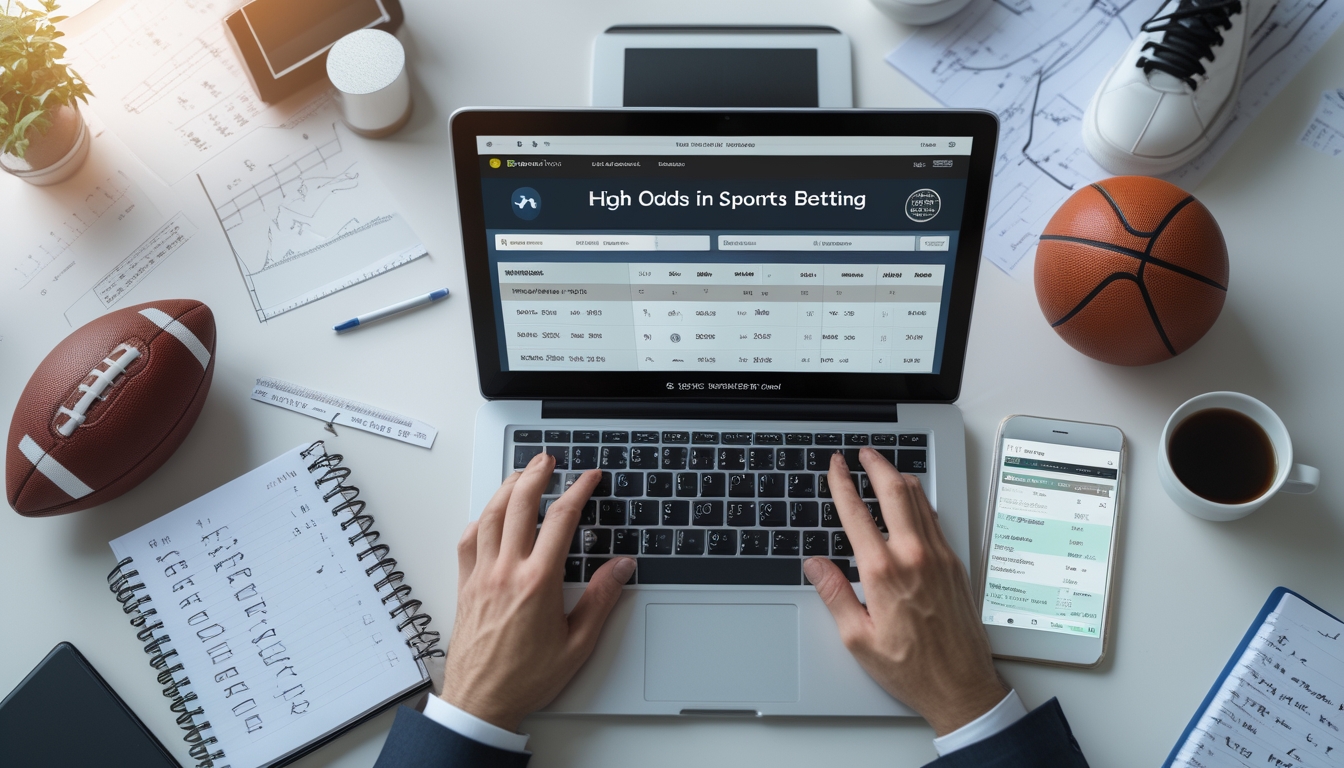 Meja kerja dengan laptop, ponsel, bola olahraga, dan catatan strategi taruhan olahraga yang menunjukkan suasana perencanaan dan analisis taruhan dengan peluang tinggi.