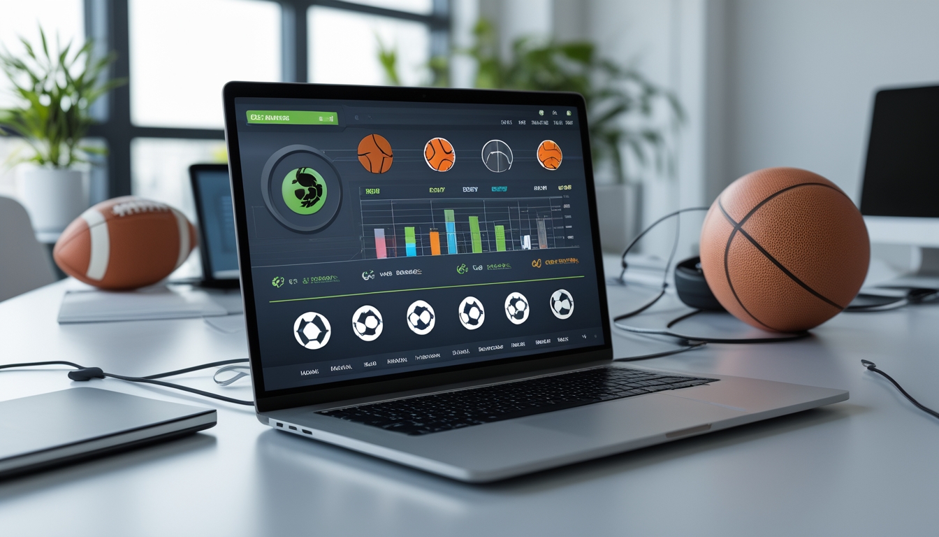 Meja kerja modern dengan laptop yang menampilkan ikon olahraga dan grafik peluang taruhan, dikelilingi oleh bola sepak dan bola basket di ruang kantor yang terang.