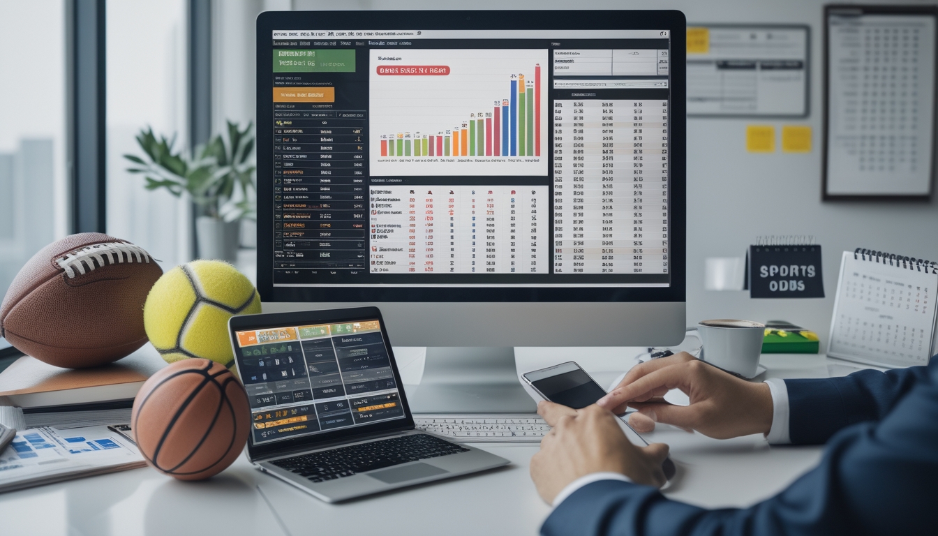 Meja kerja modern dengan komputer dan ponsel yang menampilkan grafik dan statistik olahraga, dikelilingi bola olahraga seperti sepak bola dan bola basket.