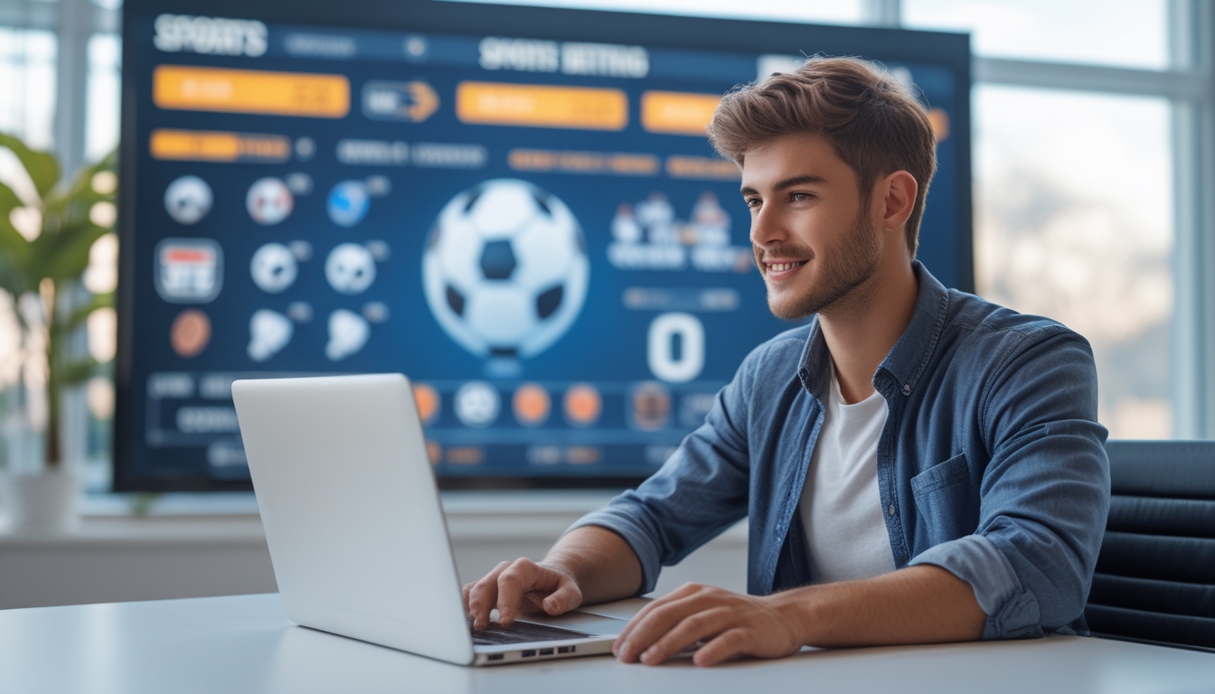 Seorang pria muda duduk di meja dengan laptop, melihat layar yang menampilkan statistik dan peluang taruhan olahraga dalam ruangan kantor modern.