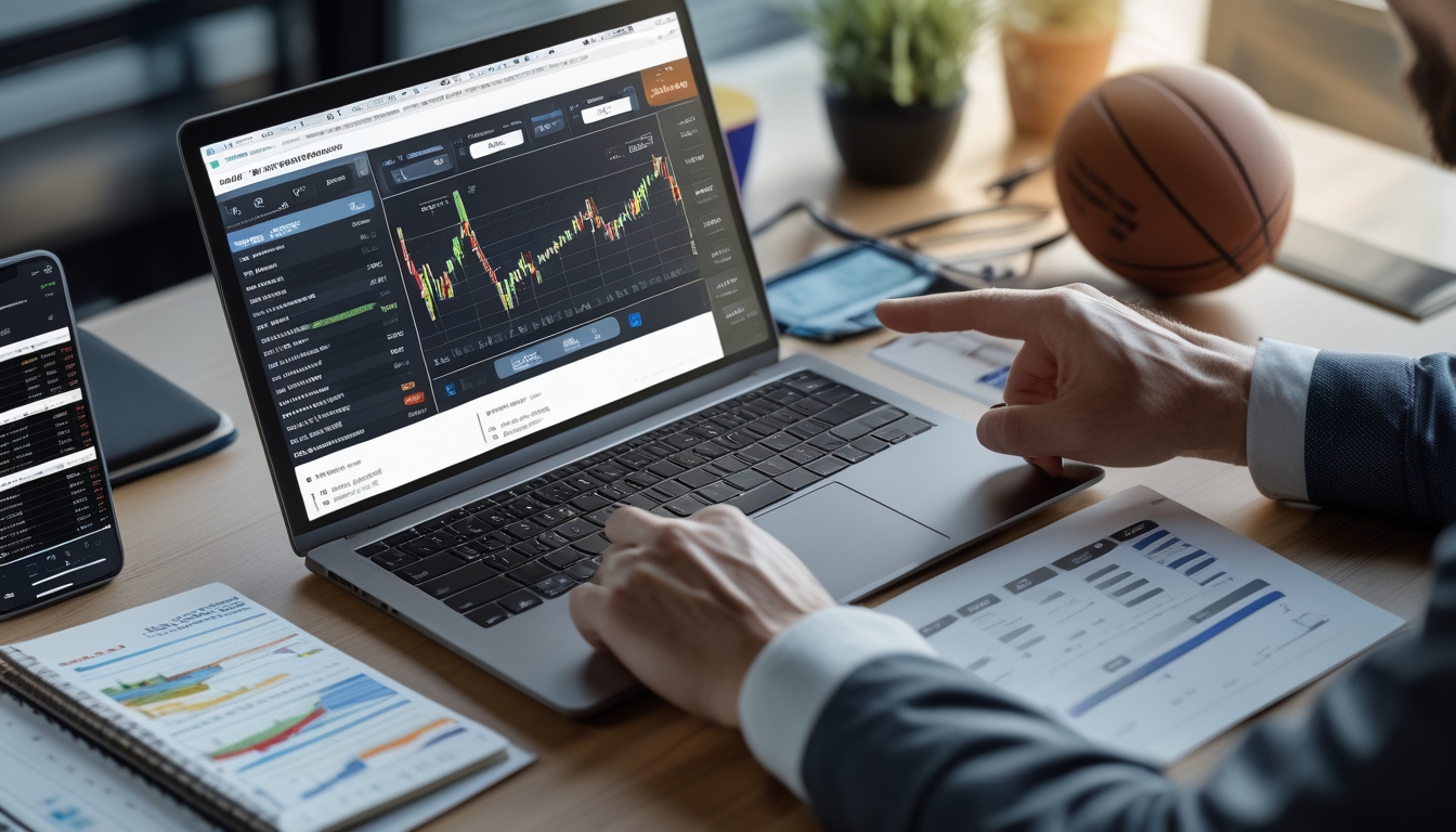Meja kerja dengan laptop yang menampilkan grafik odds taruhan olahraga, ponsel dengan skor pertandingan langsung, dan tangan menunjuk layar laptop.