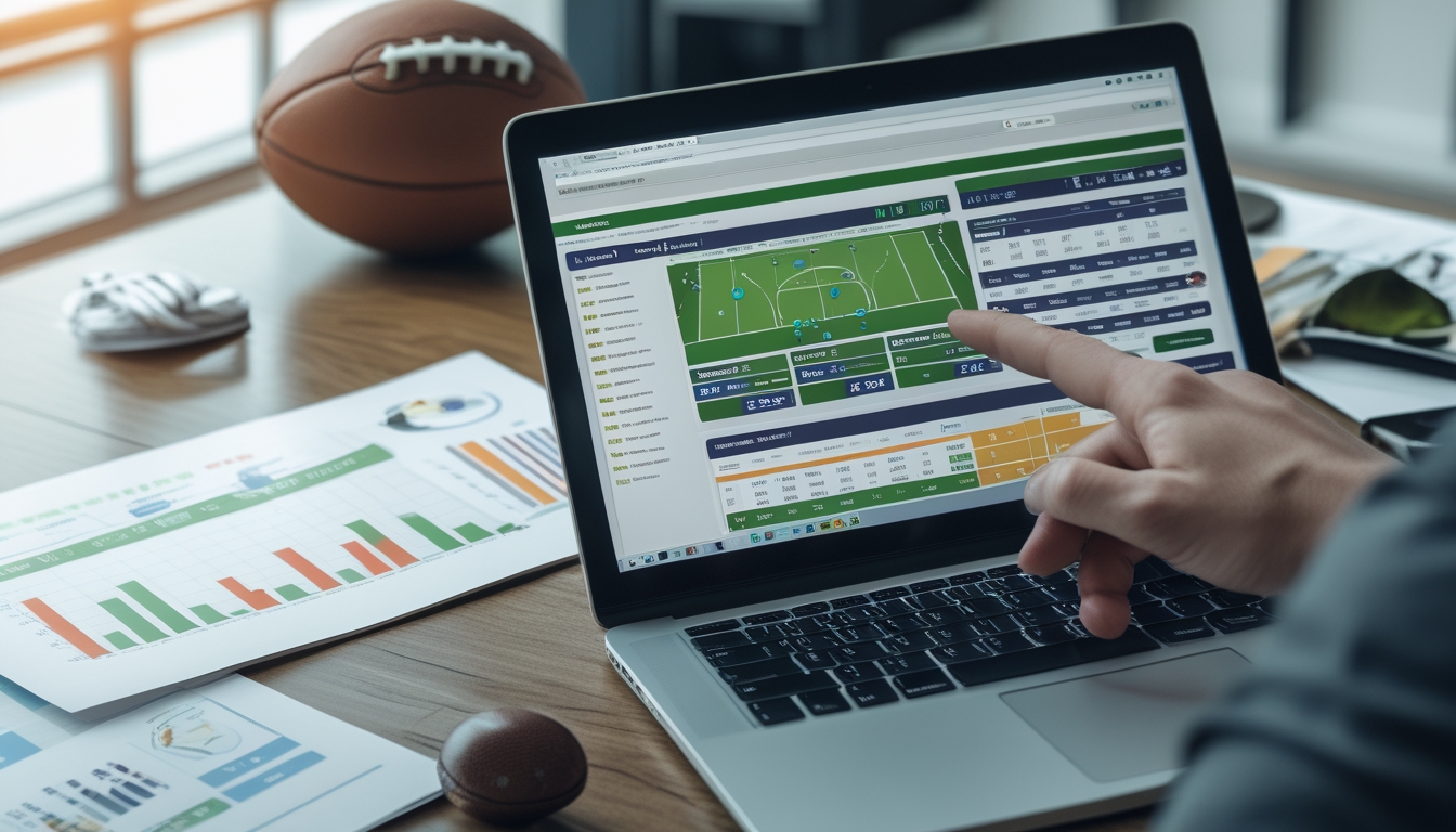 Sebuah meja kerja dengan laptop yang menampilkan situs taruhan olahraga dan grafik statistik, tangan menunjuk layar, dengan bola olahraga di sekitar meja.