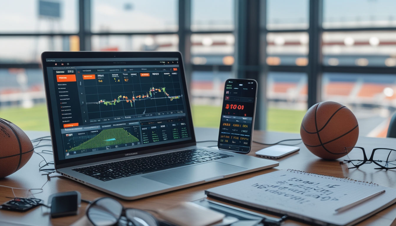 Meja kerja dengan laptop menampilkan grafik taruhan olahraga, ponsel dengan skor pertandingan, dan alat tulis di dekat bola olahraga.