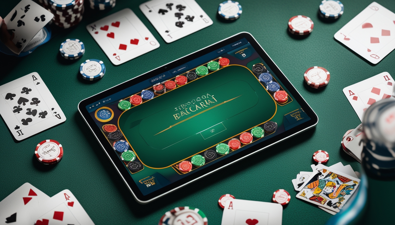 Sebuah perangkat dengan permainan baccarat online yang ditampilkan di layar, dikelilingi oleh tumpukan chip poker dan kartu bermain di atas meja hijau.