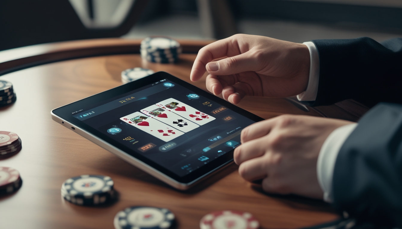 Seseorang menggunakan tablet untuk bermain baccarat online dengan kartu dan chip di atas meja kayu.