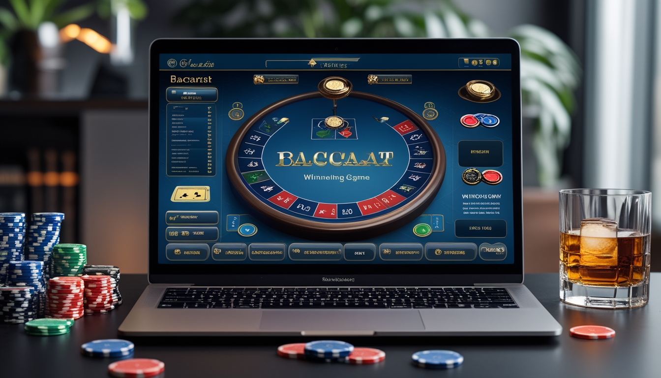 Seseorang sedang bermain baccarat online di depan komputer dengan chip kasino dan minuman di meja.