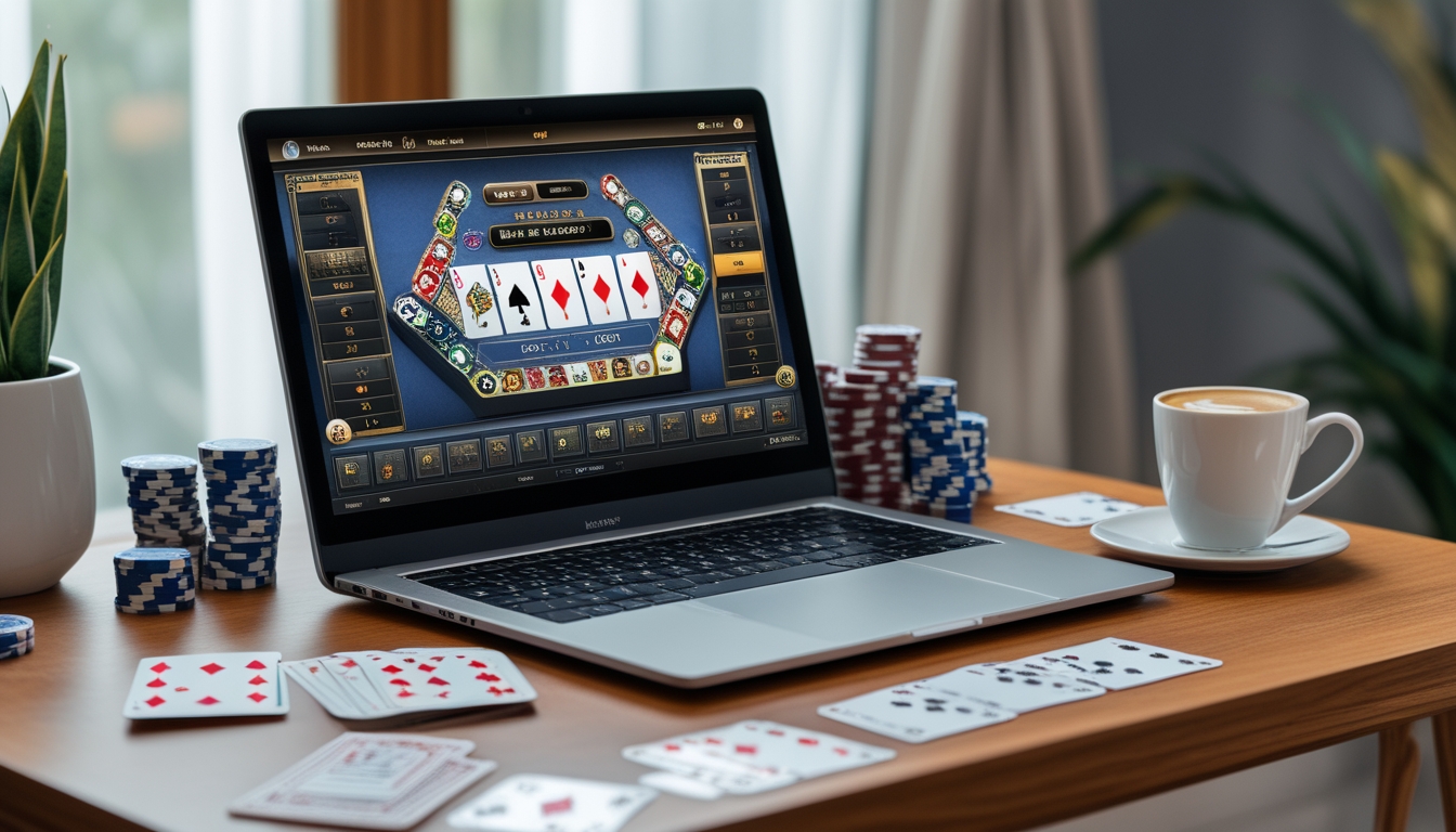 Seseorang sedang bermain baccarat online di komputer dengan kartu dan chip poker di atas meja kayu yang rapi.