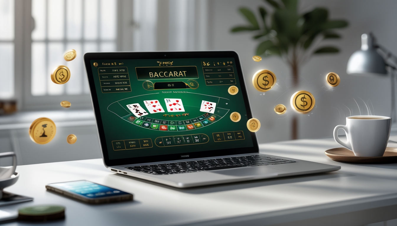 Seorang pengguna sedang bermain baccarat online di laptop dengan suasana gaming modern dan elemen transaksi cepat serta bonus menarik di sekitarnya.