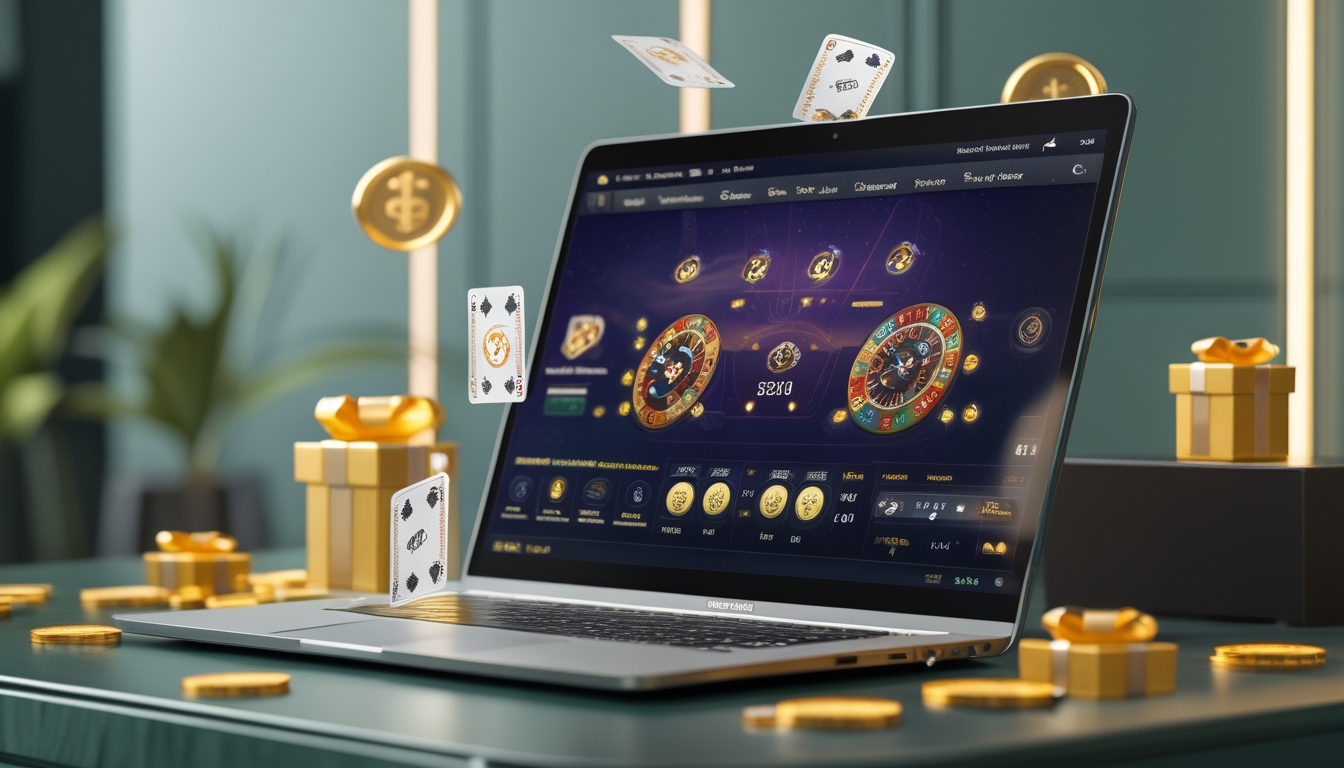 Seseorang bermain baccarat online di komputer dengan tampilan kartu dan chip, dikelilingi ikon pembayaran digital dan hadiah bonus.