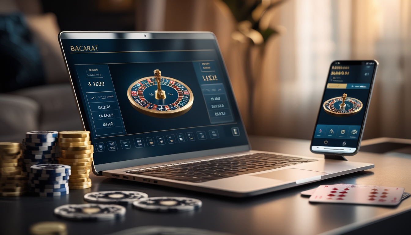Seorang pemain menggunakan laptop dan smartphone untuk bermain baccarat online dengan chip dan kartu di meja.