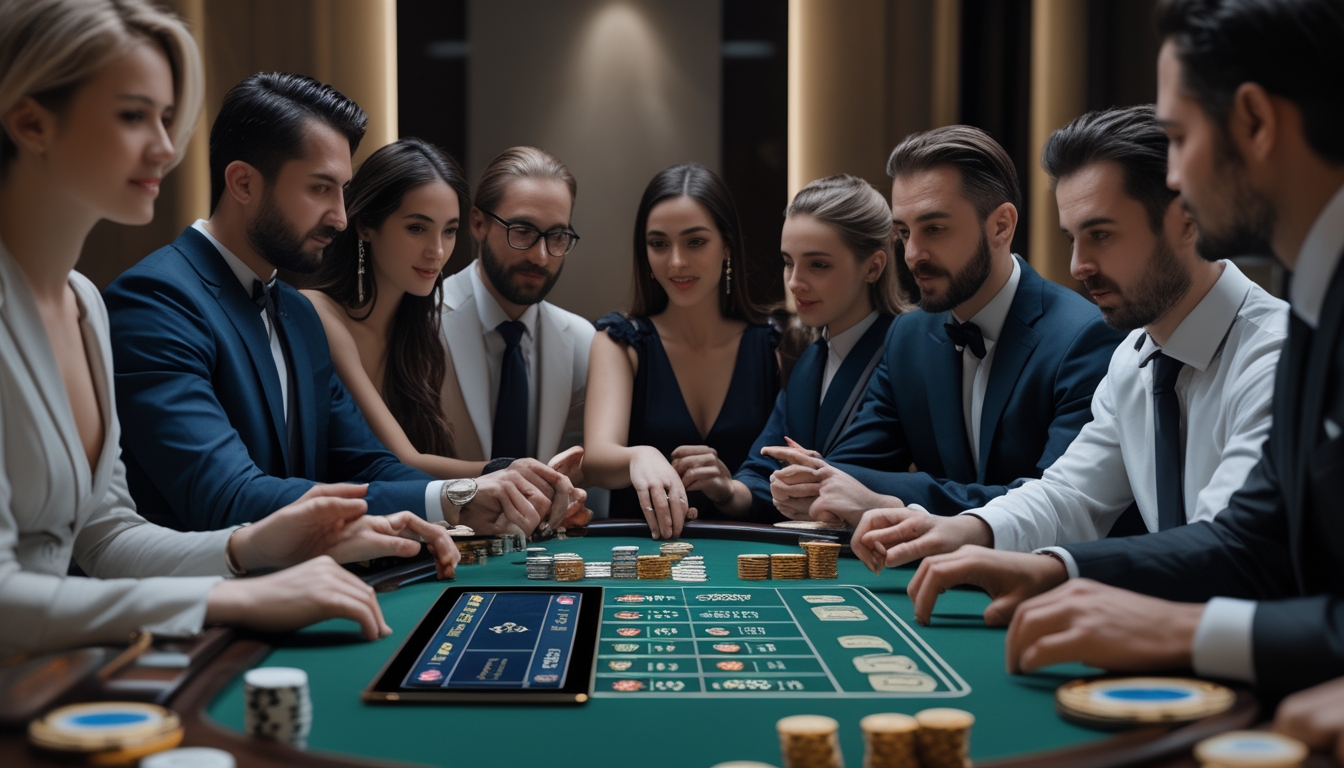 Beberapa pemain yang fokus bermain baccarat online di depan perangkat digital di sebuah ruangan modern dan mewah.