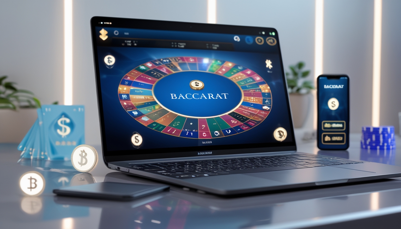 Seseorang bermain baccarat online di komputer dengan tampilan kartu dan chip di layar serta ponsel di sampingnya.