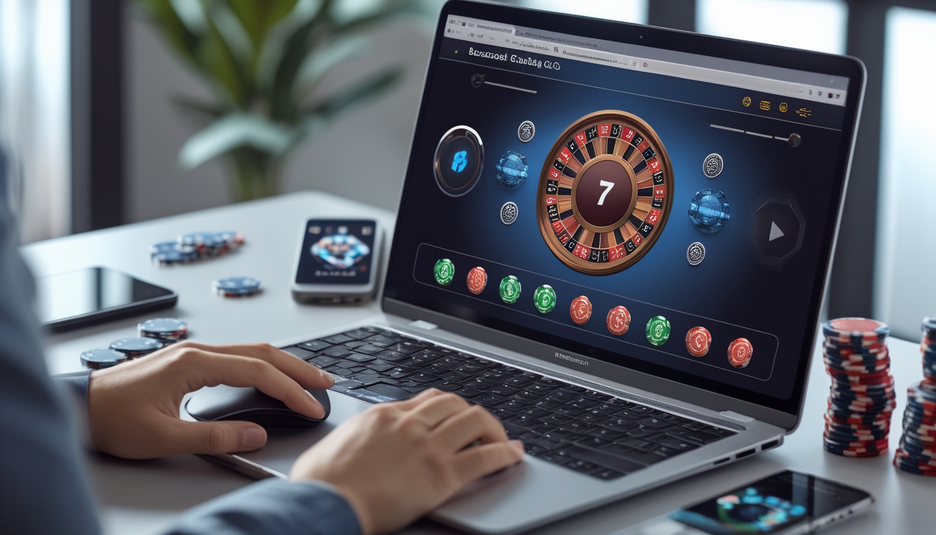 Seseorang menggunakan komputer dengan tampilan permainan baccarat online, di meja terdapat tumpukan chip poker dan ponsel, suasana modern dan rapi.