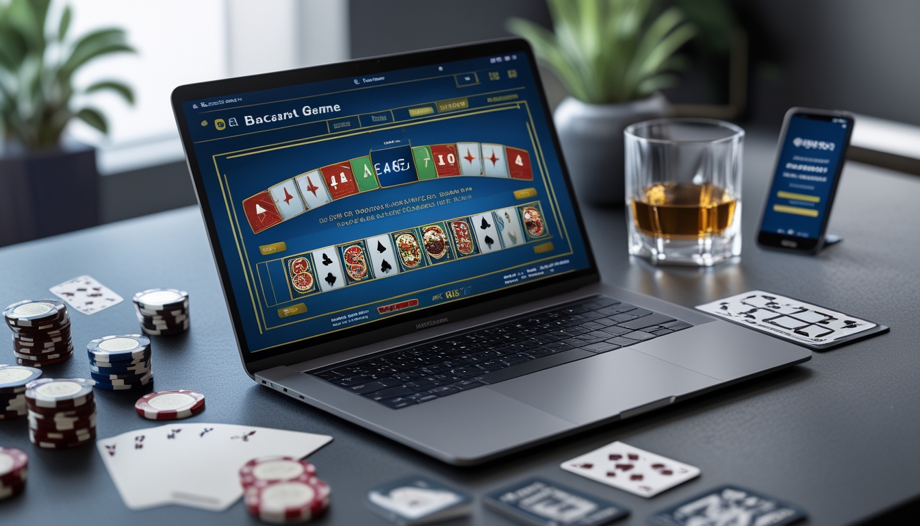 Seorang pria menggunakan laptop dengan tampilan permainan baccarat online, dikelilingi oleh chip poker dan kartu remi di meja kerja yang rapi.
