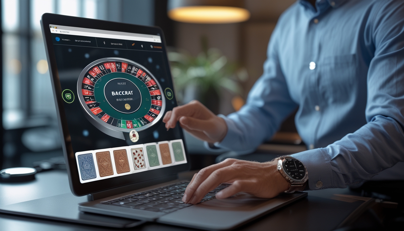 Seorang pemain menggunakan komputer dengan tampilan permainan baccarat online yang jelas dan suasana yang profesional.