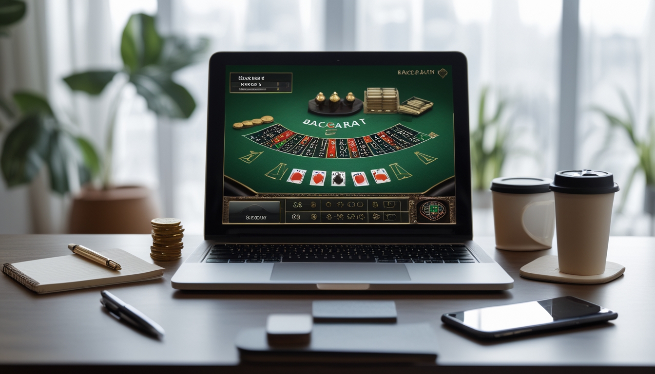 Seseorang sedang bermain baccarat online di laptop dengan kartu dan chip terlihat, dikelilingi oleh kopi, notepad, dan ponsel di meja.