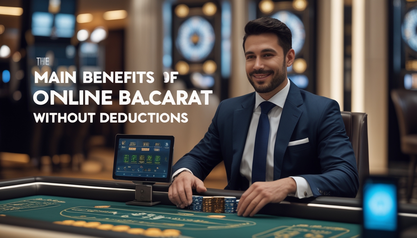 Seorang pria duduk di meja permainan baccarat dengan kartu dan chip digital, terlihat fokus dan puas di lingkungan kasino modern.