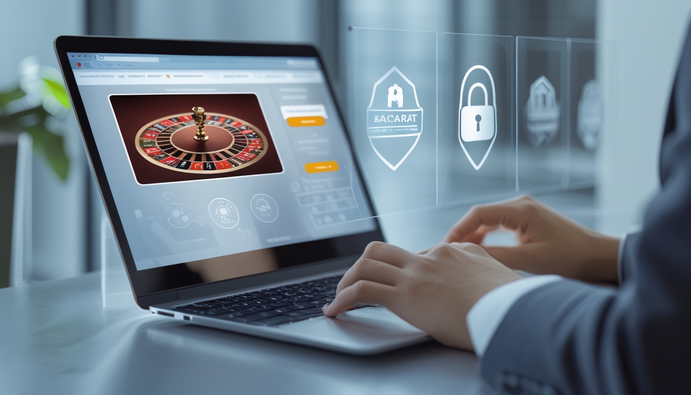 Seorang pengguna sedang bermain baccarat online di laptop dengan latar belakang yang menunjukkan simbol keamanan digital.