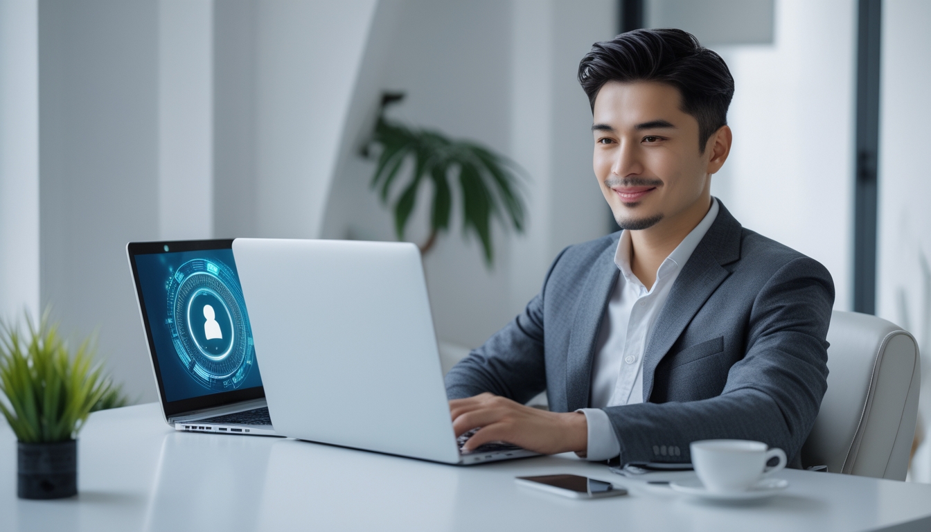 Seorang pria muda duduk di meja kerja modern menggunakan laptop dengan ekspresi percaya diri dan senyum kecil, di ruangan terang dengan dekorasi minimalis.