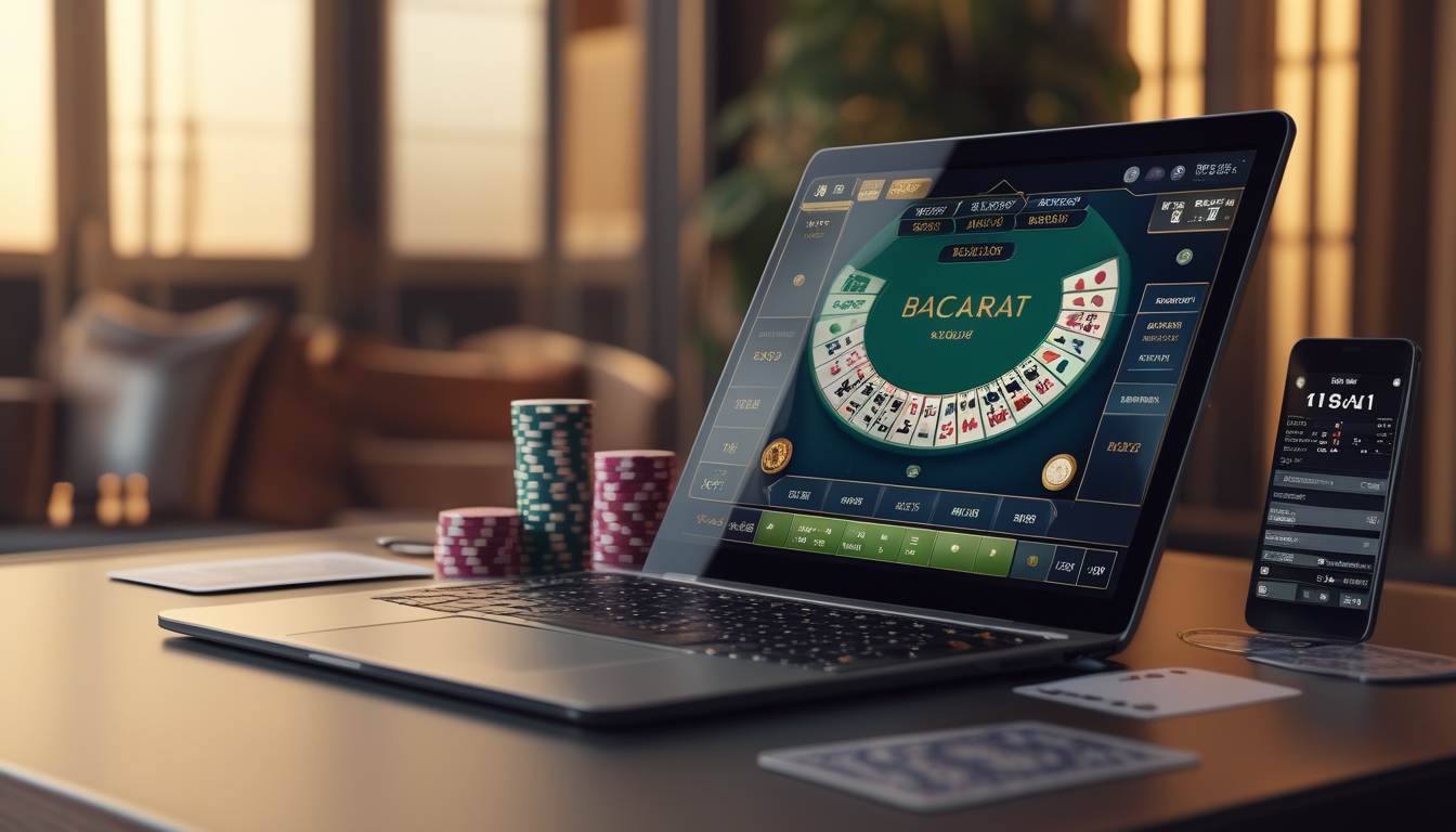 Sebuah laptop menampilkan permainan baccarat online dengan kartu dan chip di sekitarnya di meja yang rapi.