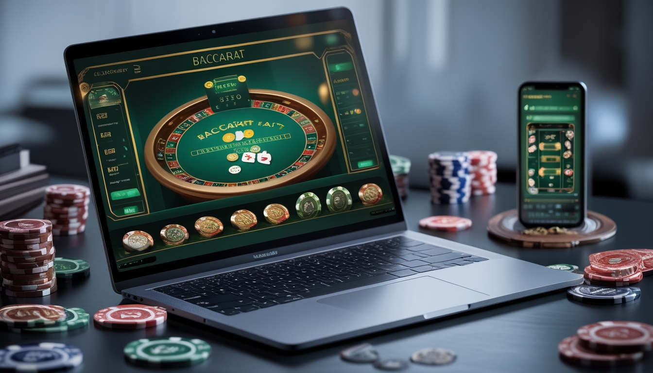 Sebuah laptop menampilkan permainan baccarat online dengan kartu dan chip kasino di sekitar meja.
