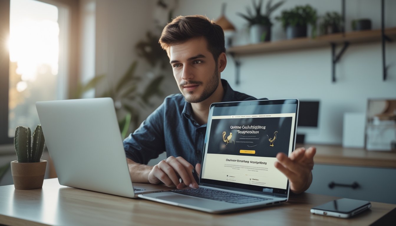 Seorang pria muda duduk di meja dengan laptop dan ponsel, fokus pada layar yang menunjukkan proses pendaftaran sabung ayam online.