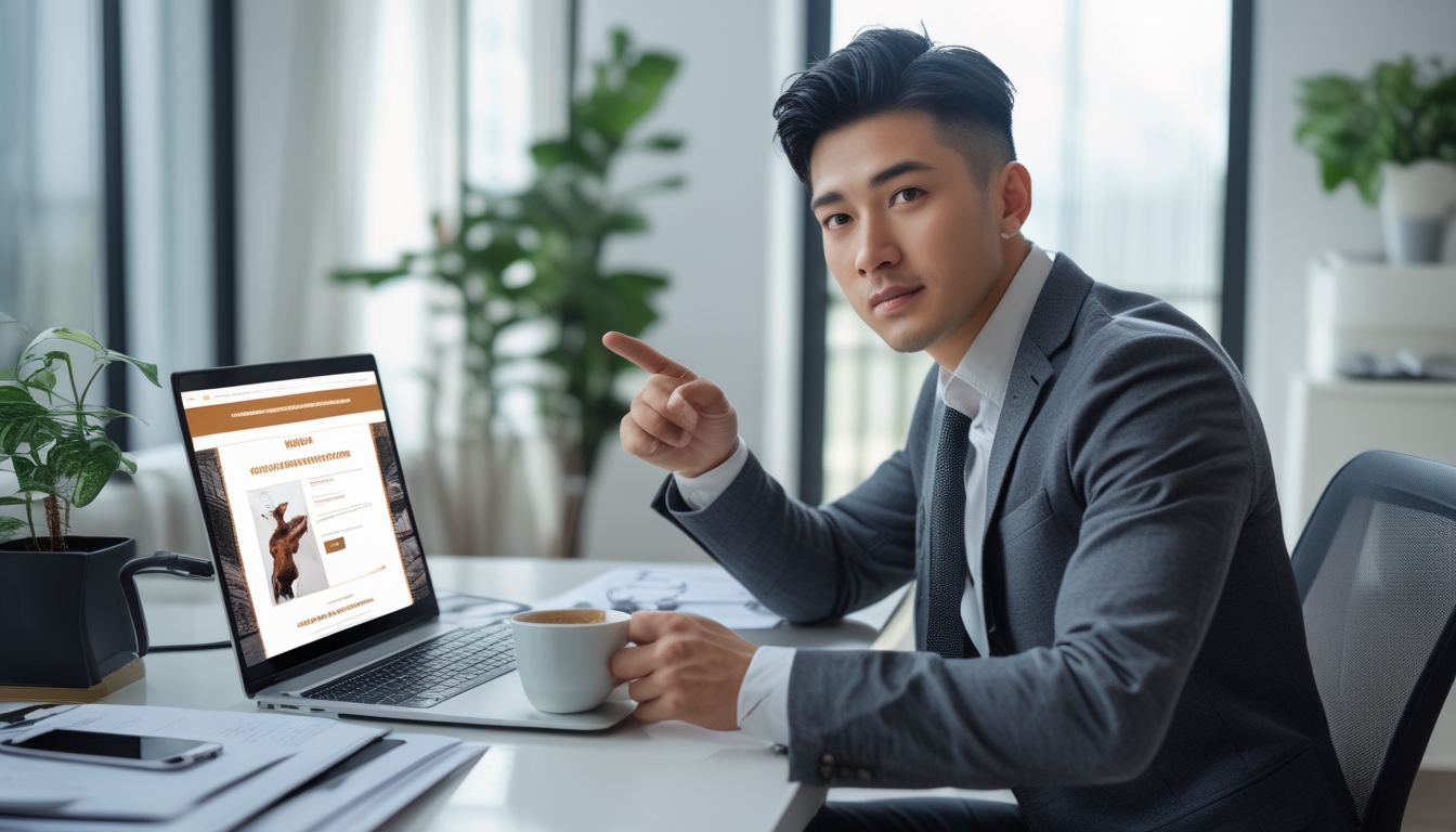 Seorang pria muda duduk di meja dengan laptop dan dokumen, menunjuk layar laptop di ruang kerja yang rapi dan terang.