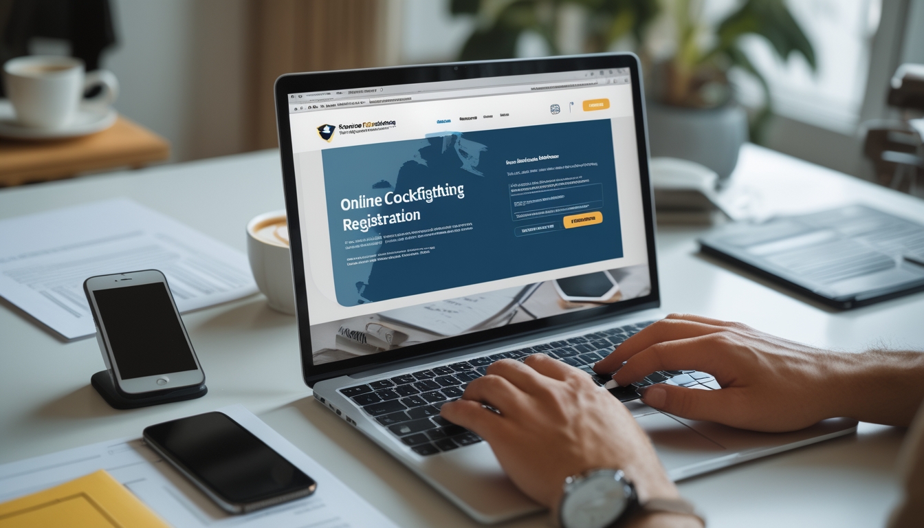 Seseorang mengetik di laptop dengan tampilan situs pendaftaran sabung ayam online yang aman di meja kerja.