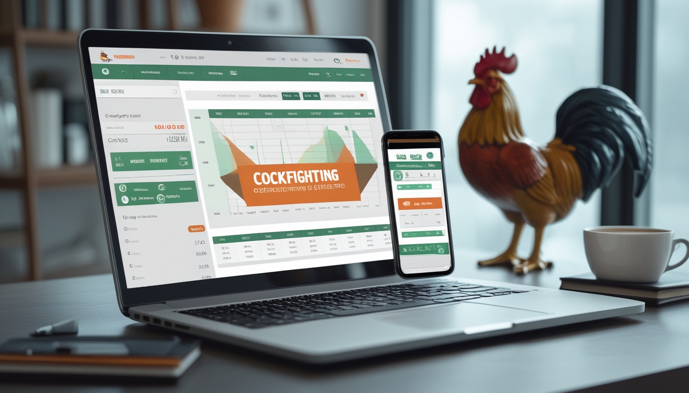 Meja kerja dengan laptop dan ponsel yang menampilkan situs taruhan ayam aduan, di dekatnya terdapat cangkir kopi dan dekorasi bertema ayam.