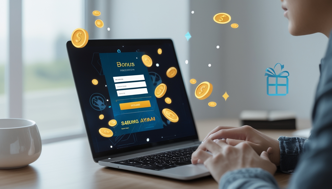 Seseorang sedang menggunakan laptop untuk mendaftar di situs sabung ayam online dengan ikon bonus dan hadiah digital di sekitar layar.