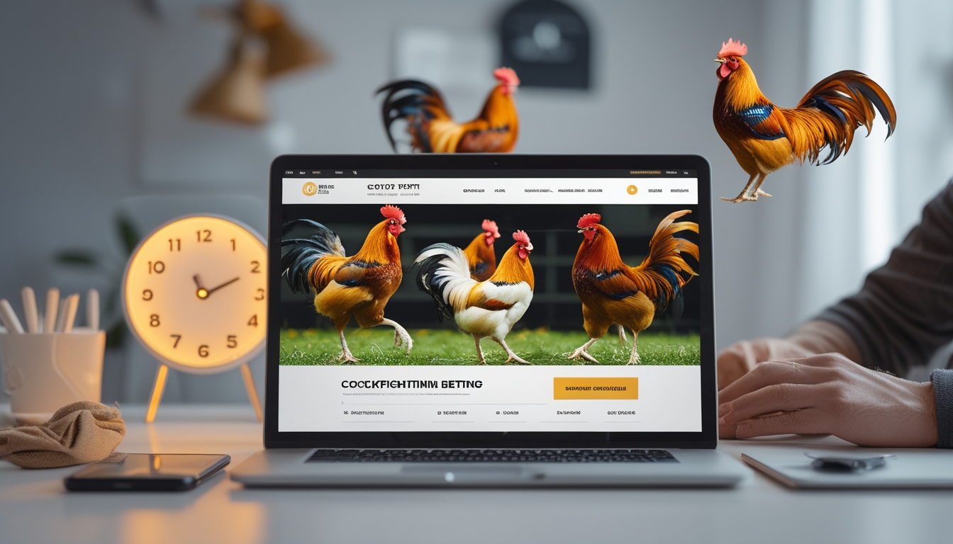 Seseorang menggunakan laptop atau ponsel untuk bertaruh ayam aduan secara online di dalam ruangan yang nyaman.