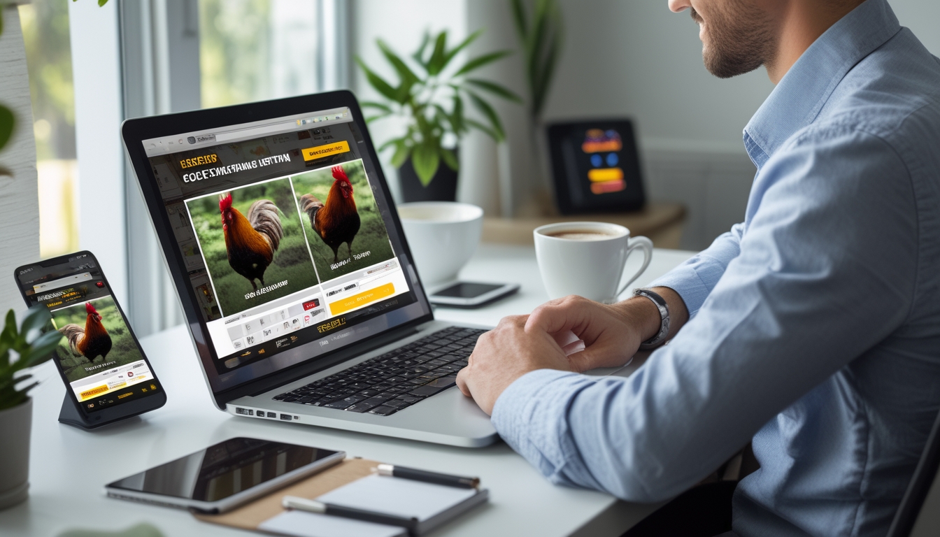 Seseorang duduk di depan laptop menggunakan situs taruhan sabung ayam online di ruang kerja yang terang dan rapi.
