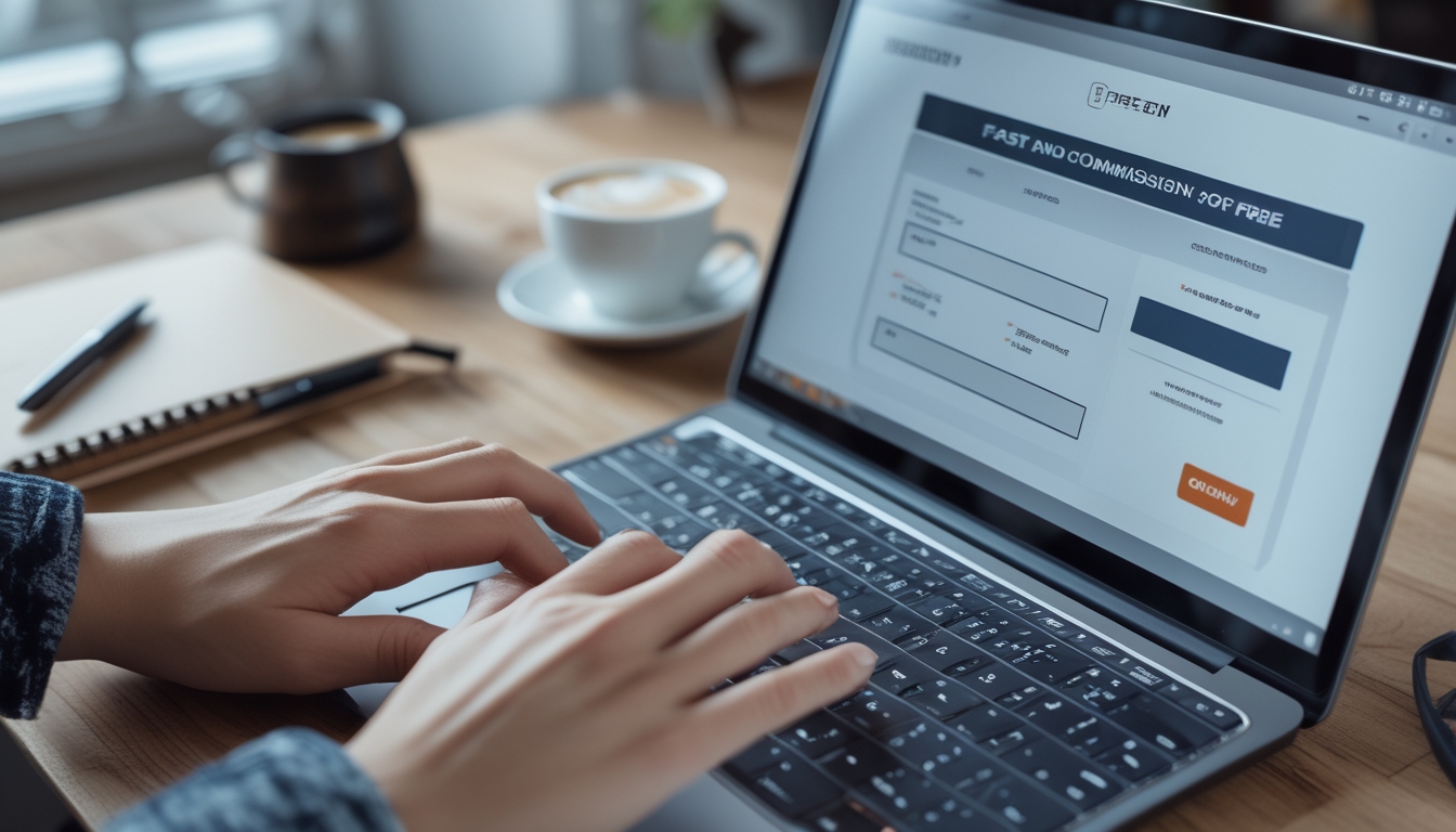 Seseorang sedang mengetik di laptop dengan layar formulir pendaftaran, di meja terdapat ponsel yang menampilkan notifikasi pembayaran cepat.