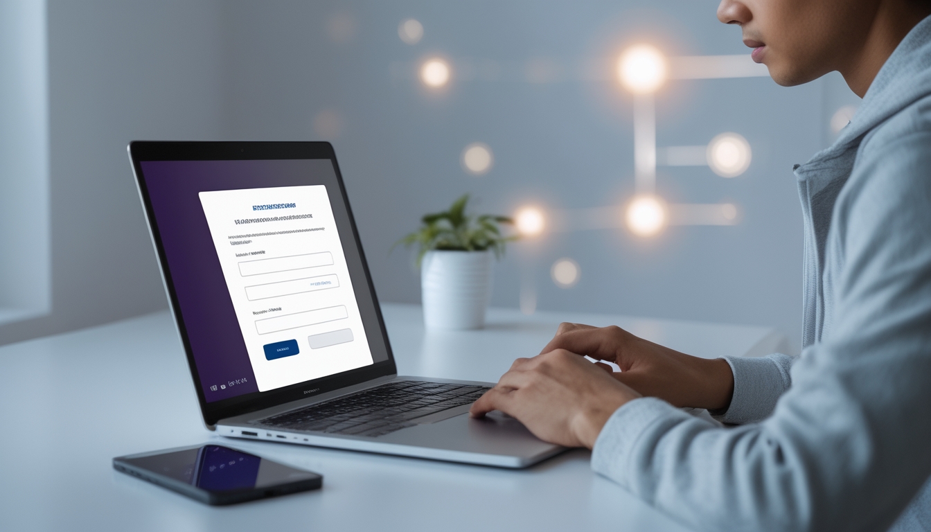 Seseorang sedang mendaftar akun online menggunakan laptop di meja kerja dengan ponsel yang menampilkan konfirmasi pembayaran.