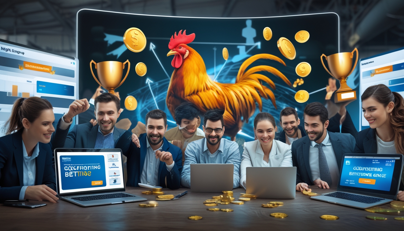 Beberapa orang menggunakan laptop dan ponsel untuk bermain taruhan sabung ayam online di ruangan yang terang dan modern.