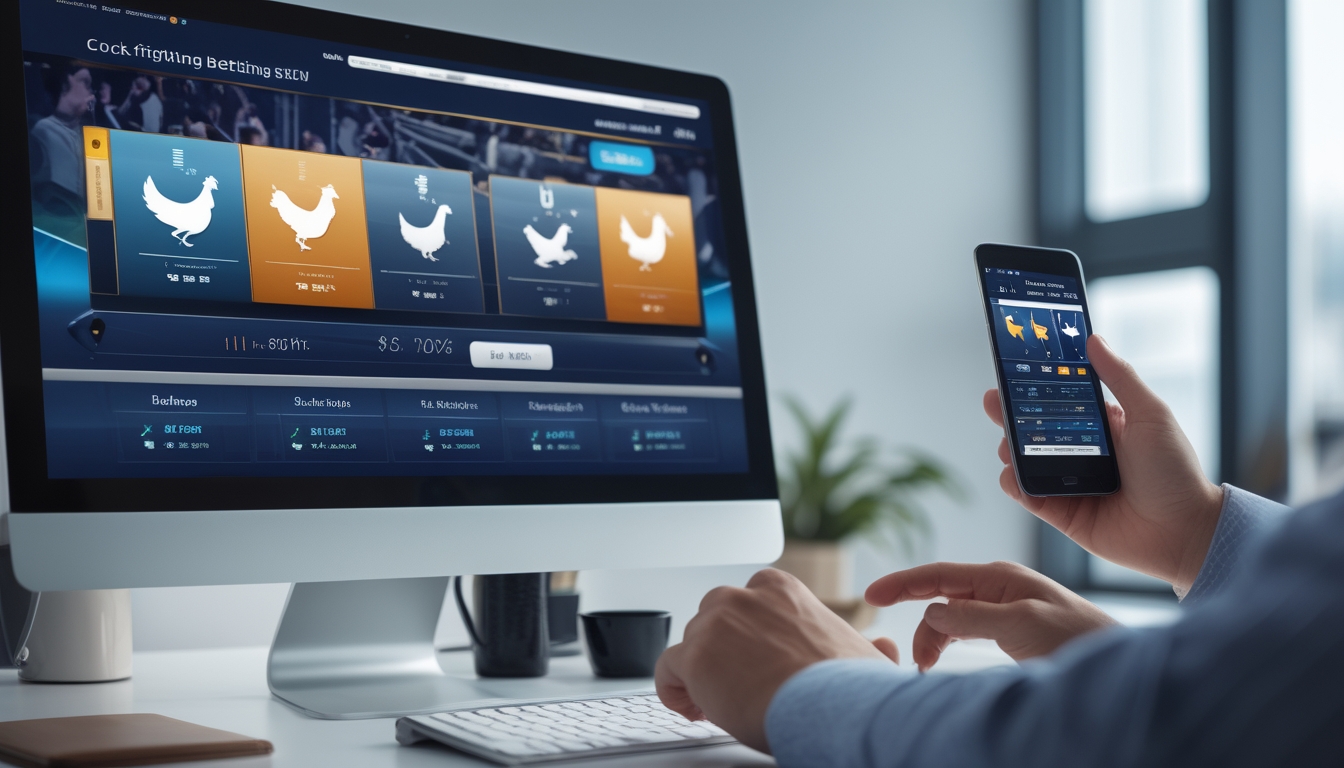 Seorang pengguna menggunakan komputer dan ponsel untuk memasang taruhan sabung ayam secara online di meja kerja yang rapi.