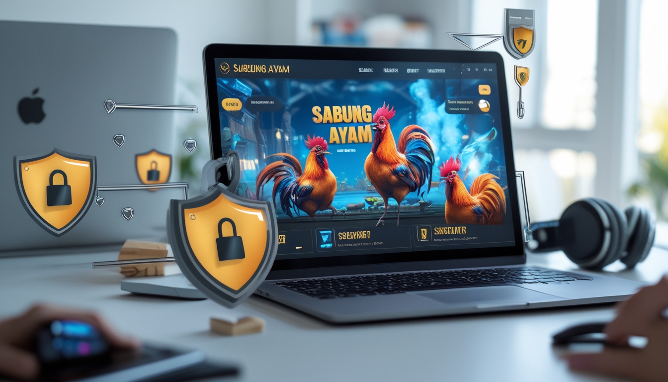 Seorang pengguna laptop dengan tampilan permainan sabung ayam online di layar, dikelilingi oleh simbol keamanan seperti gembok digital dan perisai, di dalam ruangan kantor yang terang.