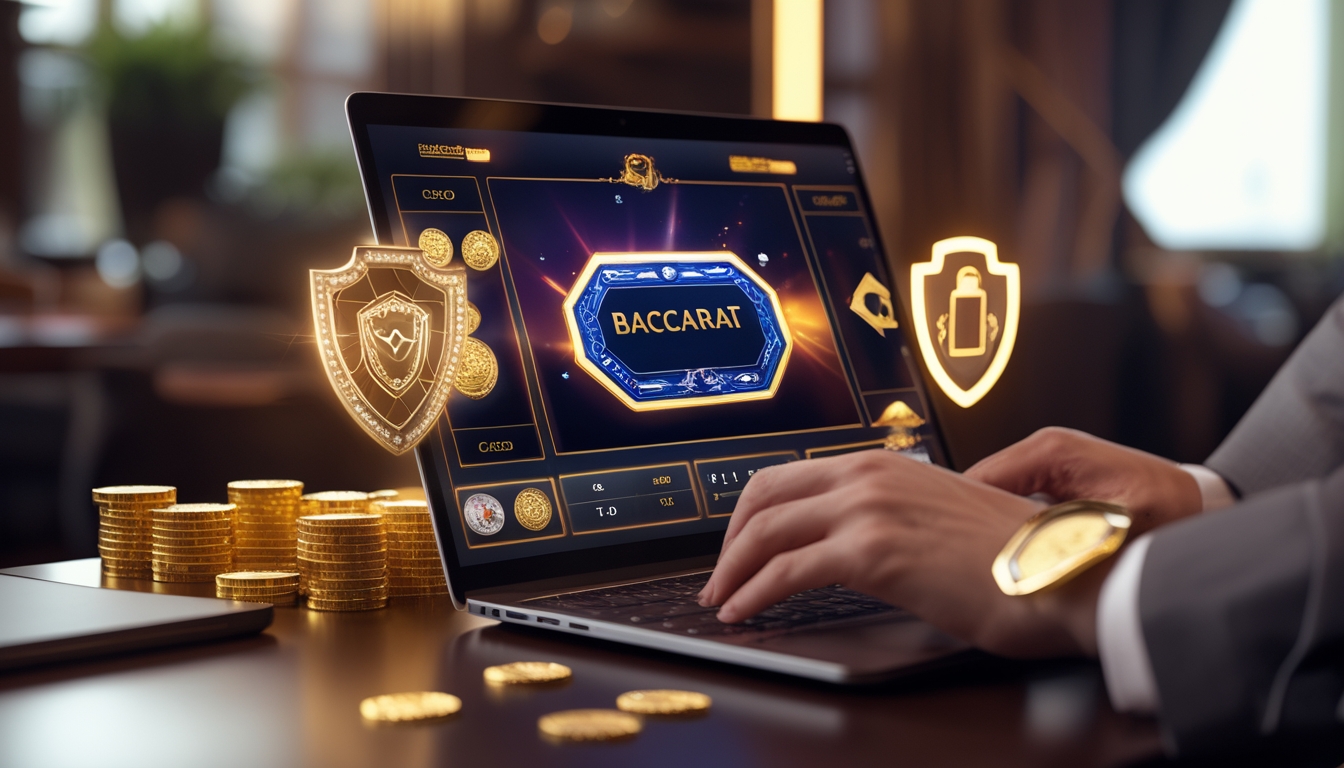 Seseorang menggunakan laptop dengan tampilan permainan baccarat online dan koin emas di sekitarnya.