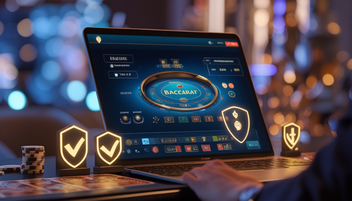 Seorang pengguna sedang bermain baccarat online di komputer dengan latar belakang simbol keamanan dan elemen kasino.