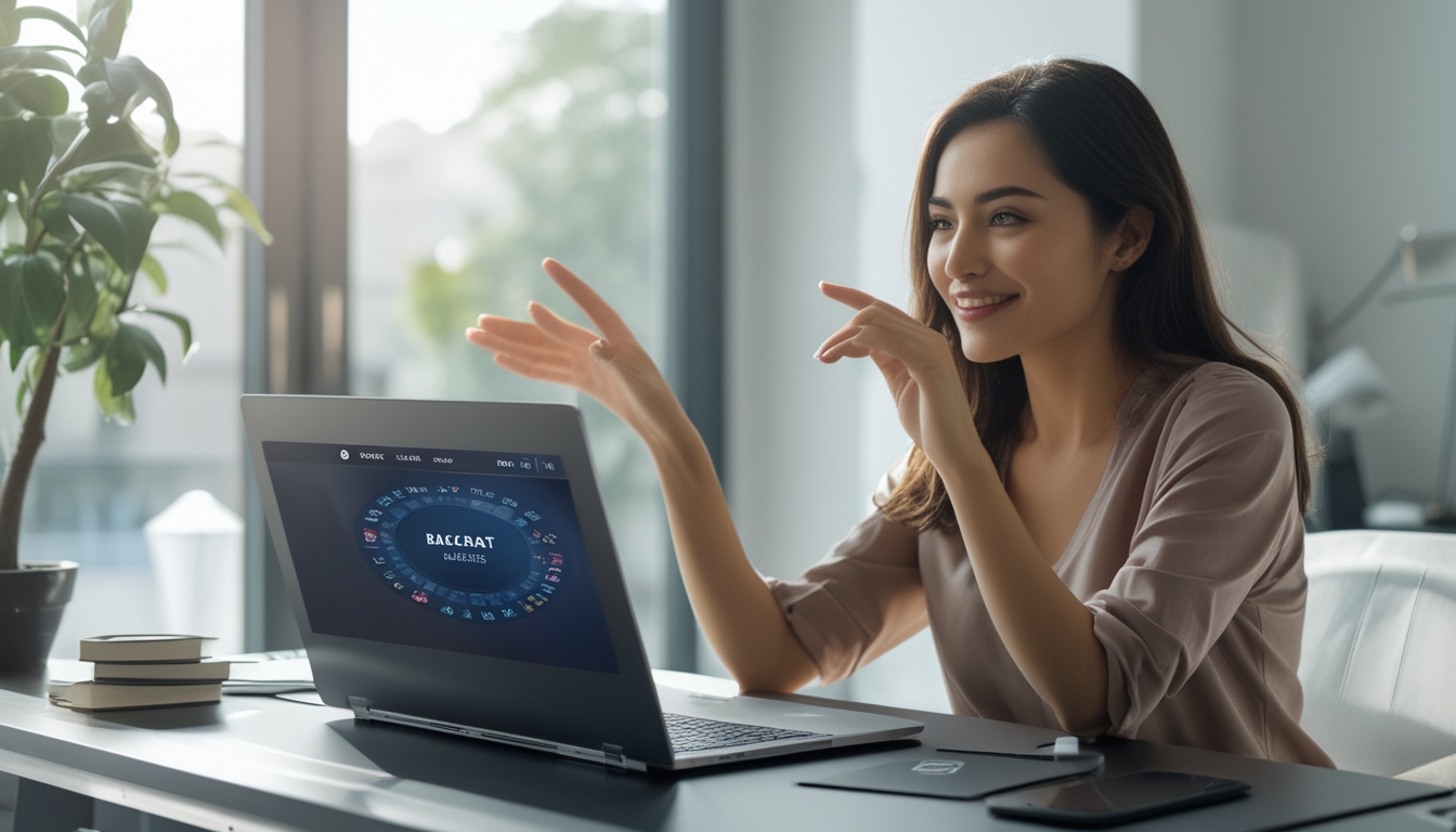 Seorang wanita muda duduk di meja dengan laptop yang menampilkan permainan baccarat online, di sekitar meja terdapat kartu kredit dan ponsel.